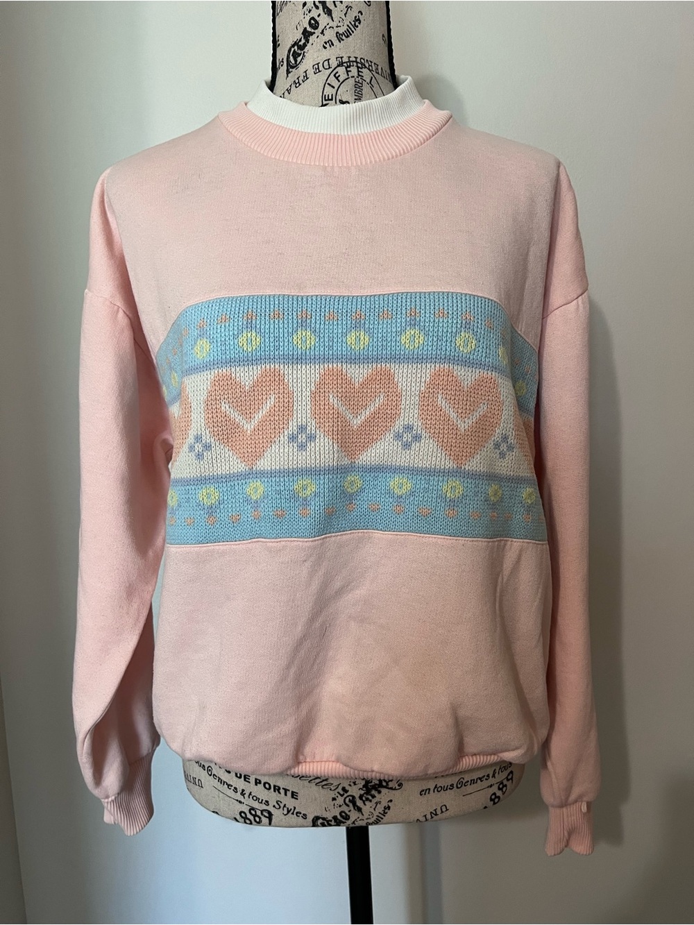 Vintage Simply Basic Pink Pastel Heart Fleece Sweatshirt Jacquard Panel M